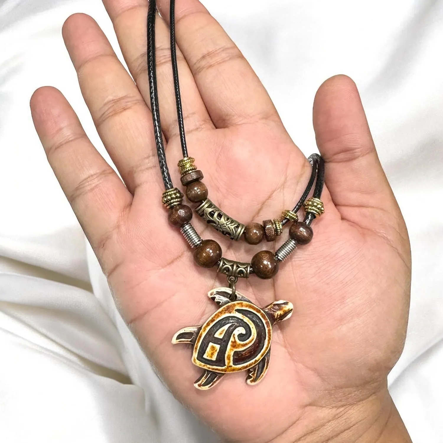 Turtle Tribal Pendant Necklace - Hawaiian Turtle Double Layer Necklace - Wood Beaded Necklace for Men Women- Adjustable