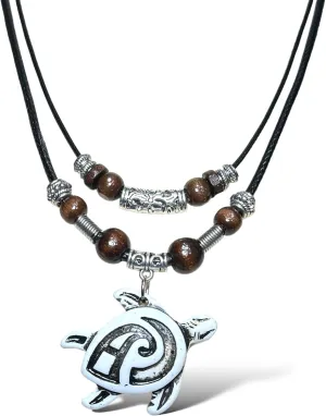 Turtle Tribal Pendant Necklace - Hawaiian Turtle Double Layer Necklace - Wood Beaded Necklace for Men Women- Adjustable