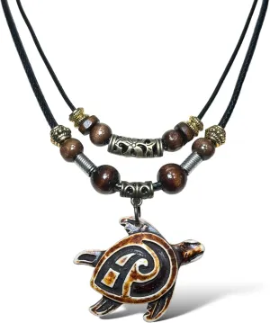 Turtle Tribal Pendant Necklace - Hawaiian Turtle Double Layer Necklace - Wood Beaded Necklace for Men Women- Adjustable