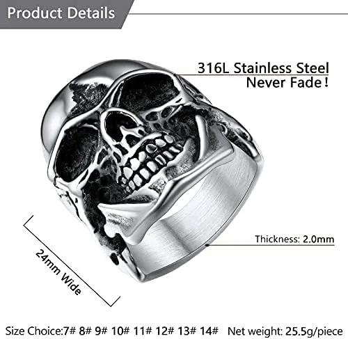 U7 Skull Ring, Skeleton Ring, Biker Ring for Cocktail Party, Gothic Fashion Rings with Skull, Size 7-14,Stainless/Black/Gold Color