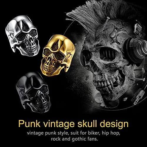 U7 Skull Ring, Skeleton Ring, Biker Ring for Cocktail Party, Gothic Fashion Rings with Skull, Size 7-14,Stainless/Black/Gold Color
