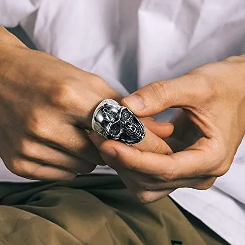 U7 Skull Ring, Skeleton Ring, Biker Ring for Cocktail Party, Gothic Fashion Rings with Skull, Size 7-14,Stainless/Black/Gold Color