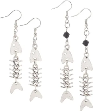 UNICRAFTALE 2 Style Fish Bone Earrings 72-88mm Long Fashion Punk Skeleton Dangle Earrings Platinum Handmade Earrings Creative Alloy Fish Hook Jewelry Gifts for Women