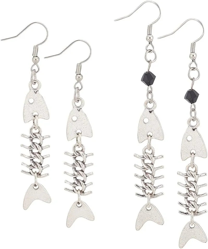 UNICRAFTALE 2 Style Fish Bone Earrings 72-88mm Long Fashion Punk Skeleton Dangle Earrings Platinum Handmade Earrings Creative Alloy Fish Hook Jewelry Gifts for Women