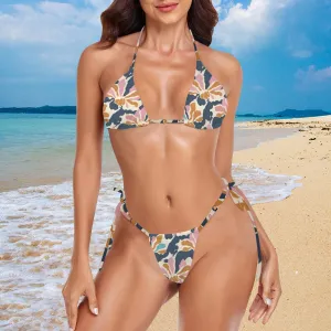 Vampire Art Glam Halter String Bikini Swimsuit Set - Retro Florals in Navy Blue