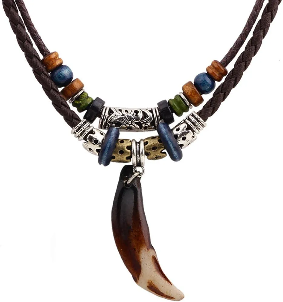 Vintage Style Double Layers Braided Leather Tribal Necklace with Charm Cross and Teeth Pendant