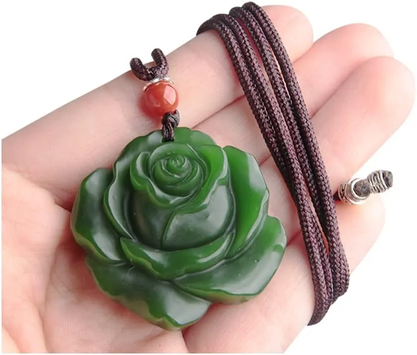 Wixine 1Pcs White Jade Rose Pendant Jadeite Flower Necklace Charm Fashion Accessories Hand-Carved Man Luck Amulet Gifts