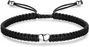 ZENI Heart Bracelet for Women, Black Rope Bracelet 925 Silver Handmade Braid Adjustable Bracelet Love Friendship Christmas Bracelet Gifts for Women Ladies