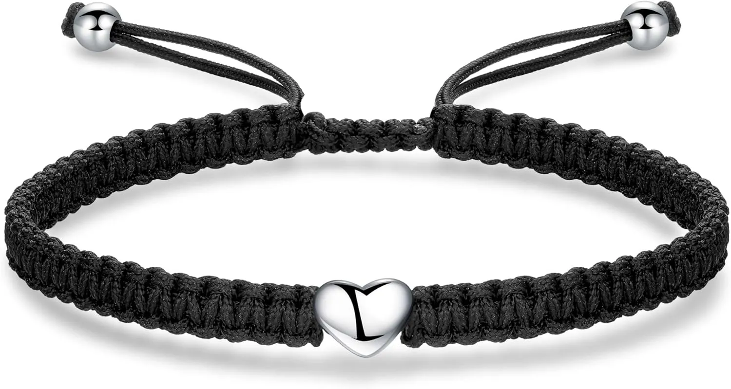 ZENI Heart Bracelet for Women, Black Rope Bracelet 925 Silver Handmade Braid Adjustable Bracelet Love Friendship Christmas Bracelet Gifts for Women Ladies