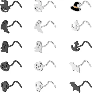 ZS 15Pcs Stainless Steel Black Corkscrew Nose Stud, 20G Halloween Corkscrew Nose Rings Studs, L-shaped Nose Rings Ghost Skull Bat Nose Piercing Jewelry for Women Men