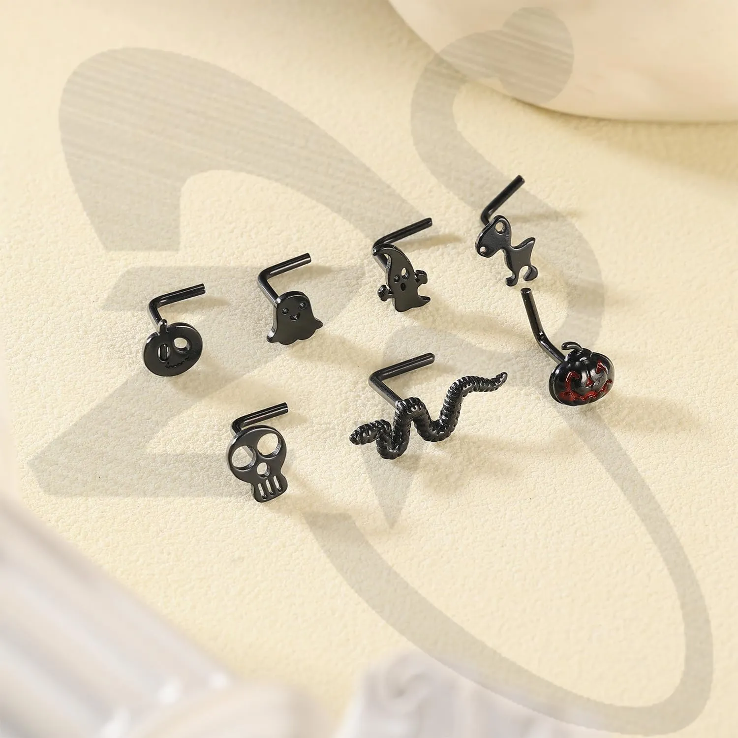 ZS 20G Black Nose Rings Nostril Studs for Women, 20Pcs Surgical Steel Nose Studs Ring L-Shaped, Halloween Bat Skull Corkscrew Nose Piercing Jewelry
