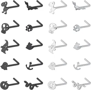 ZS 20G Black Nose Rings Nostril Studs for Women, 20Pcs Surgical Steel Nose Studs Ring L-Shaped, Halloween Bat Skull Corkscrew Nose Piercing Jewelry