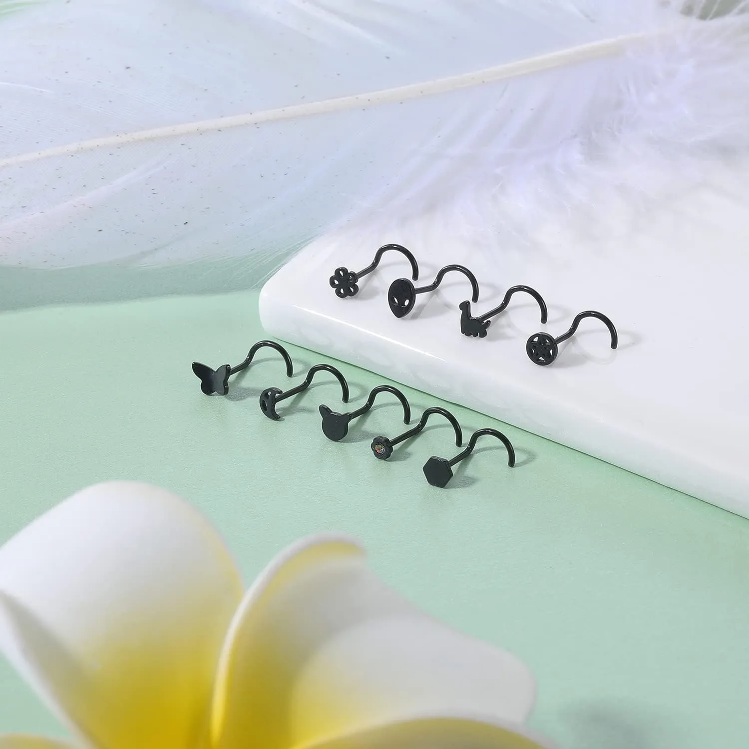 ZS 20G Black Nose Rings Nostril Studs for Women, 20Pcs Surgical Steel Nose Studs Ring L-Shaped, Halloween Bat Skull Corkscrew Nose Piercing Jewelry