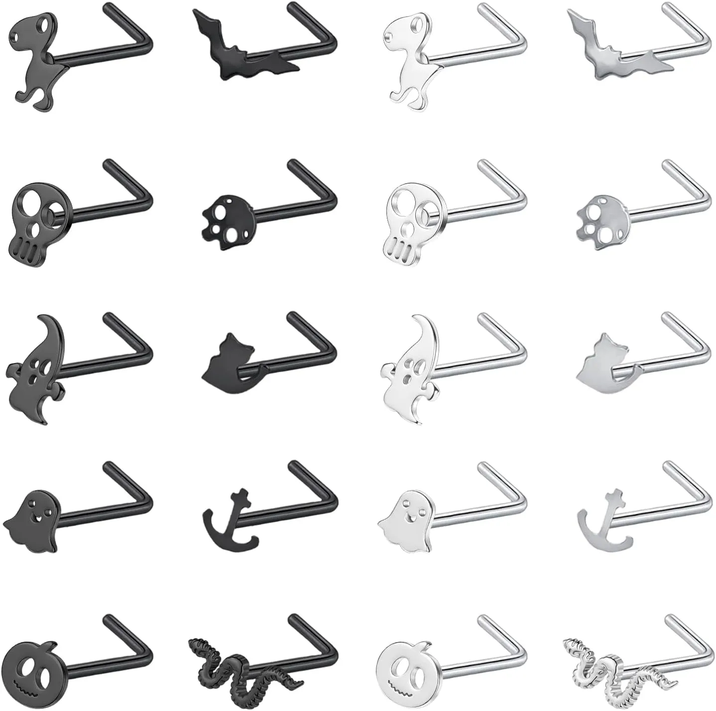 ZS 20G Black Nose Rings Nostril Studs for Women, 20Pcs Surgical Steel Nose Studs Ring L-Shaped, Halloween Bat Skull Corkscrew Nose Piercing Jewelry