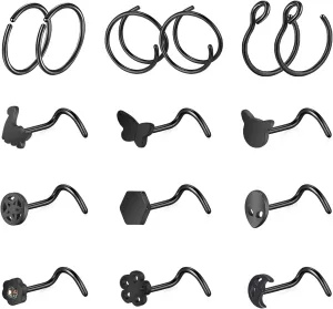 ZS 20G Black Nose Rings Nostril Studs for Women, 20Pcs Surgical Steel Nose Studs Ring L-Shaped, Halloween Bat Skull Corkscrew Nose Piercing Jewelry