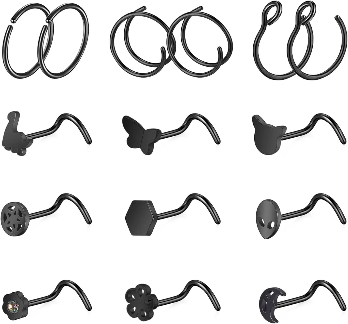 ZS 20G Black Nose Rings Nostril Studs for Women, 20Pcs Surgical Steel Nose Studs Ring L-Shaped, Halloween Bat Skull Corkscrew Nose Piercing Jewelry