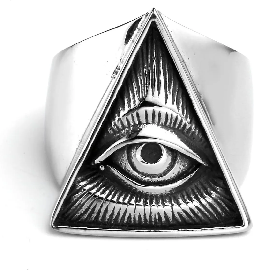 Zysta All Seeing Eye Ring for Men Illuminati Eye of Providence Finger Rings Pyramid Triangle Solid Old Style Amulet Retro Ancient Symbol Size 9-13